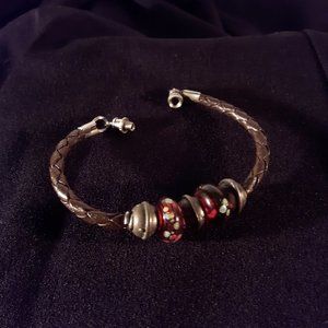 Small Vintage Bracelet 70s-80s Leather and Glass Beads